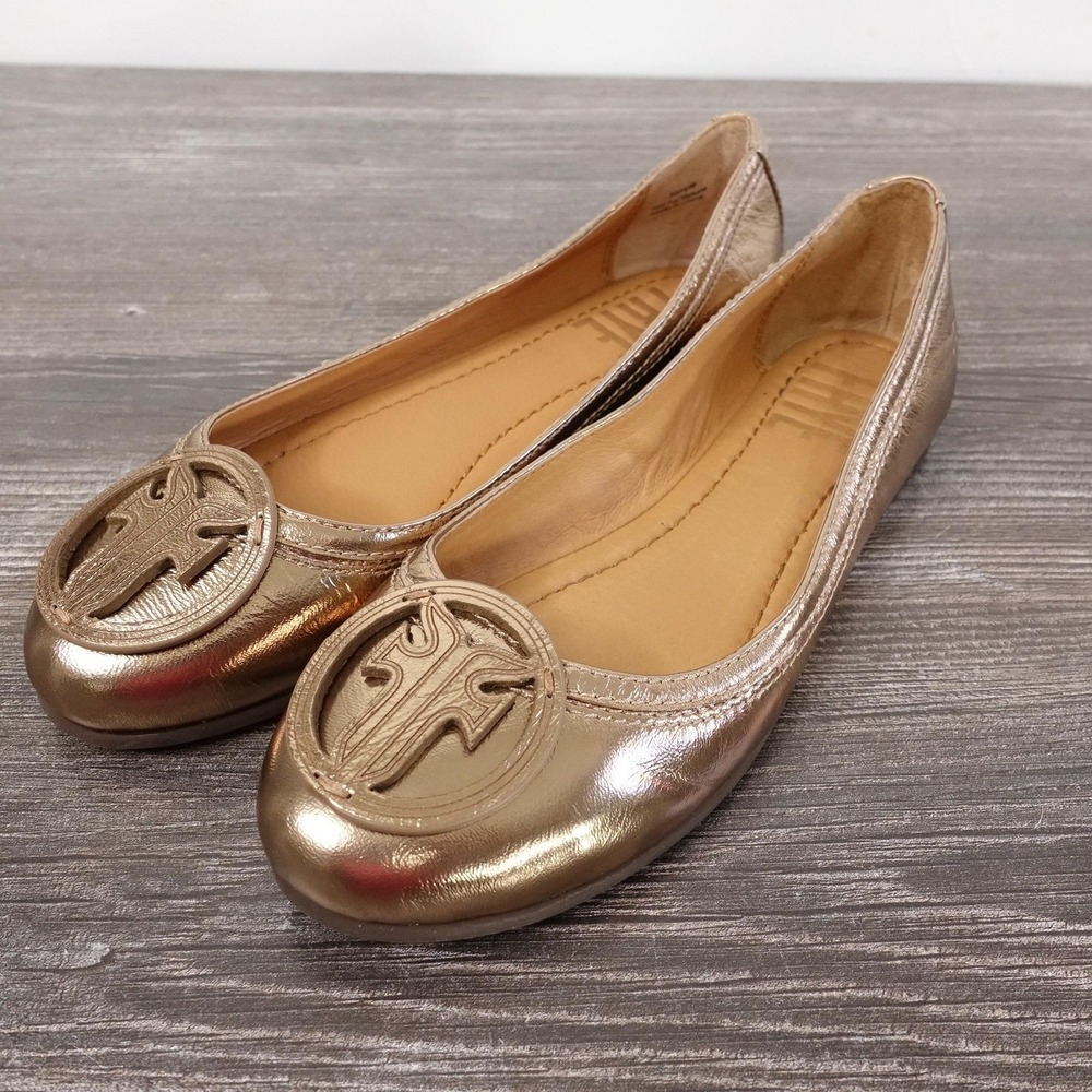 Frye Shoes Womens‎ Size 6 Gold Carson Logo Ballet Flats Leather Slip On